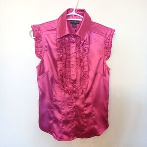 Seduction Women's Dark Pink Sleeveless Satin Tuxedo Ruffle Button Up Blouse Sm